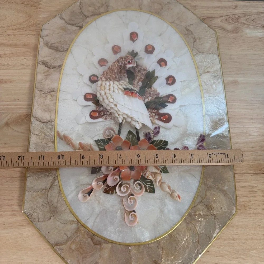 Vintage Mother of Pearl Seashell Mosaic Art Floral Peafowl Classic Wall Plaque